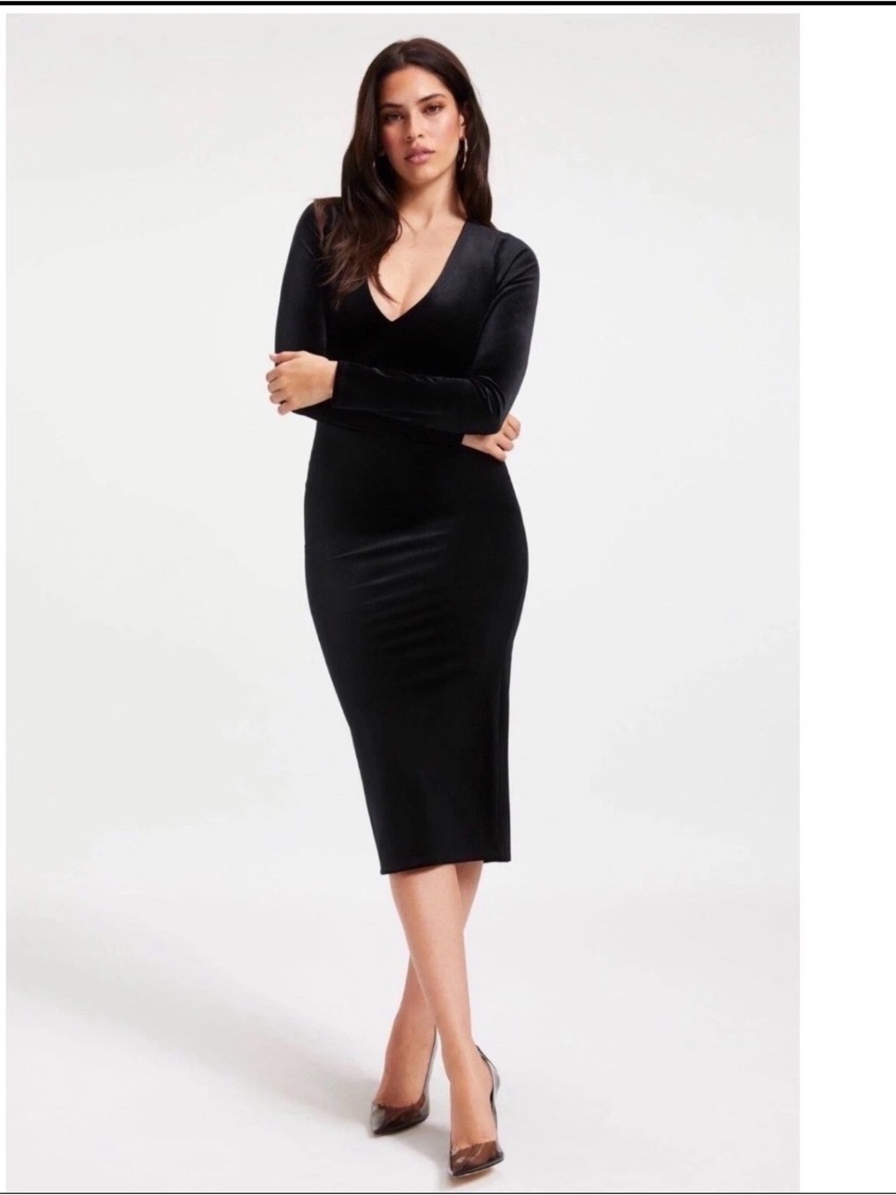 Good American Ribbed Velvet V-Neck Midi Dress Black - GDK0032